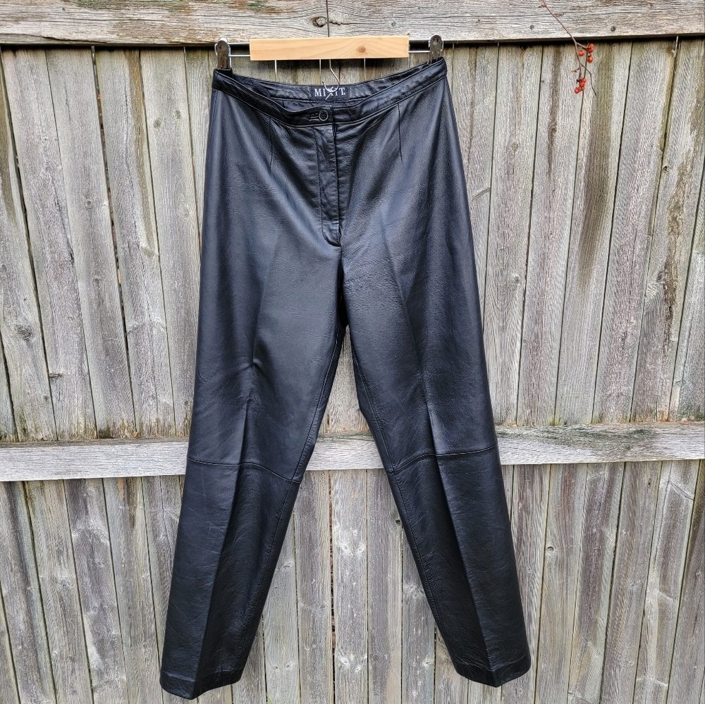 Vintage Black Leather Pants Y2k straight leg high rise pants Size 8
